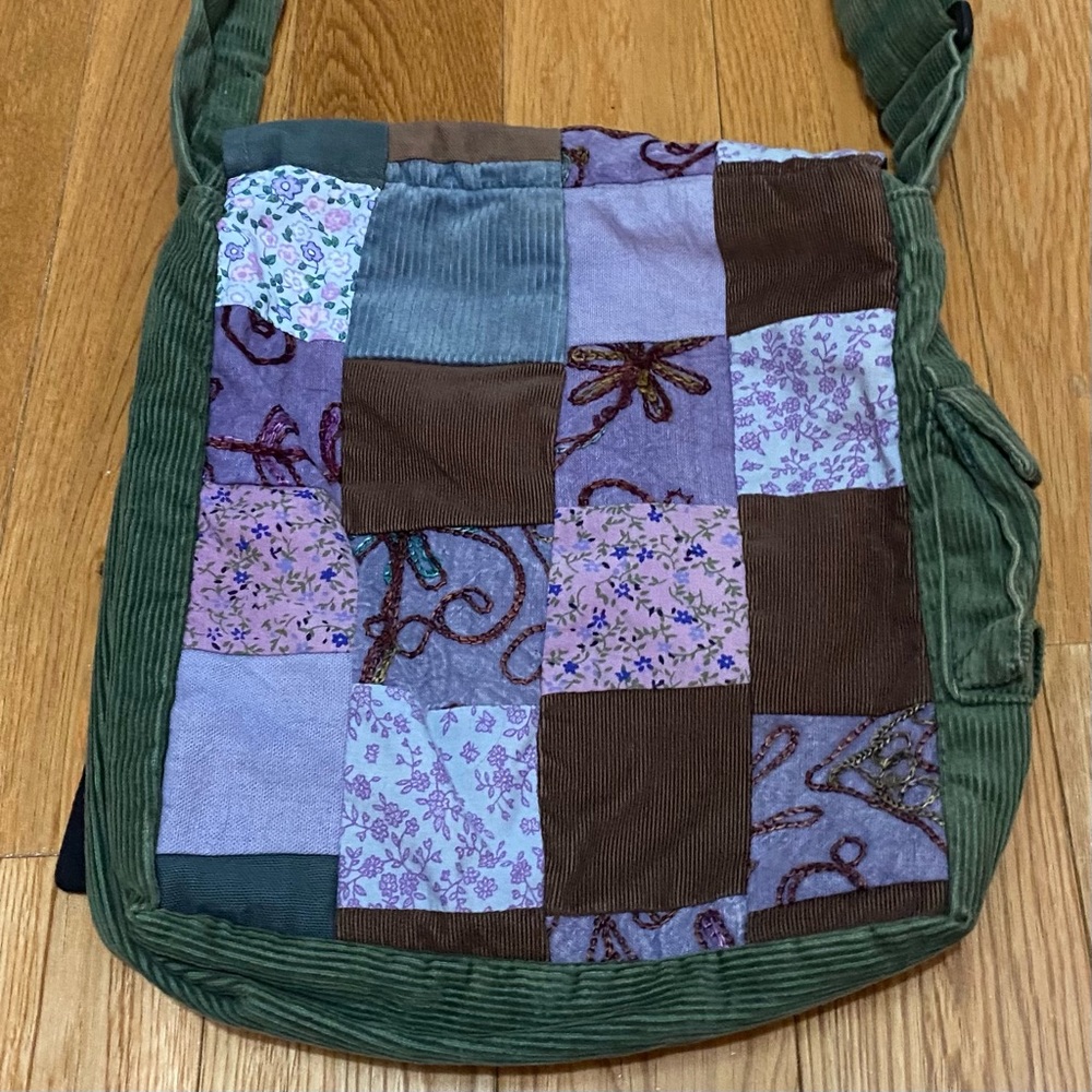 green,  purple patches, corduroy, adaptable strap